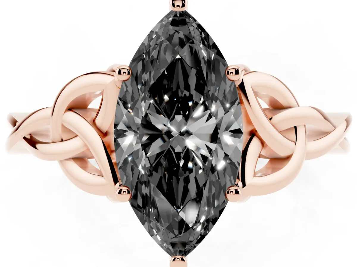 Fancy Black Marquise Cut Diamond Solitaire Engagement Ring with Celtic Knot Band and Four-Prong Setting Rose gold