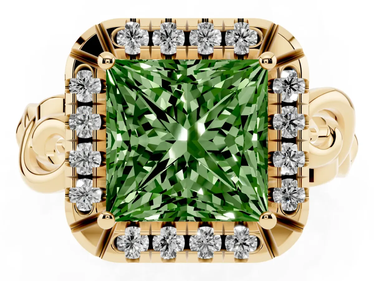 Fancy Green Princess Cut Cut Halo Diamond Ring with Scrollwork Band and Four-Prong Setting Yellow gold