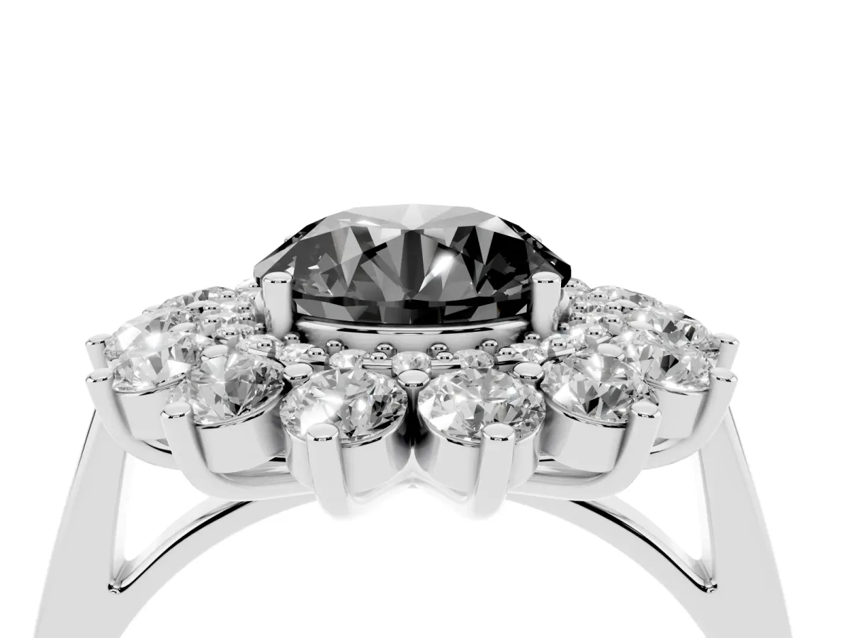 Fancy Black Round Cut Diamond Floral Double Halo Engagement Ring with Prong Setting Platinum