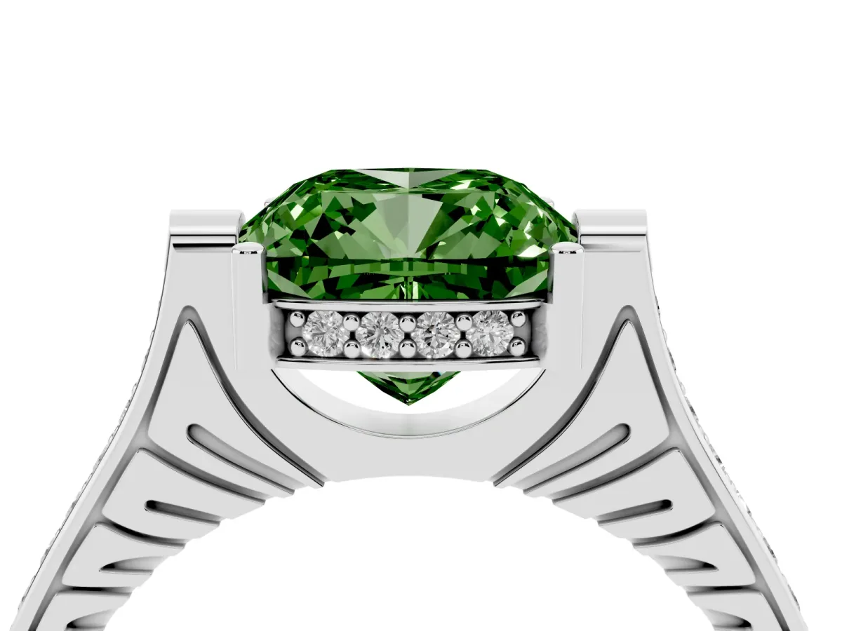 Fancy Green Cushion Cut Solitaire Diamond Ring with Channel Set Band and Bezel Prong Setting Silver