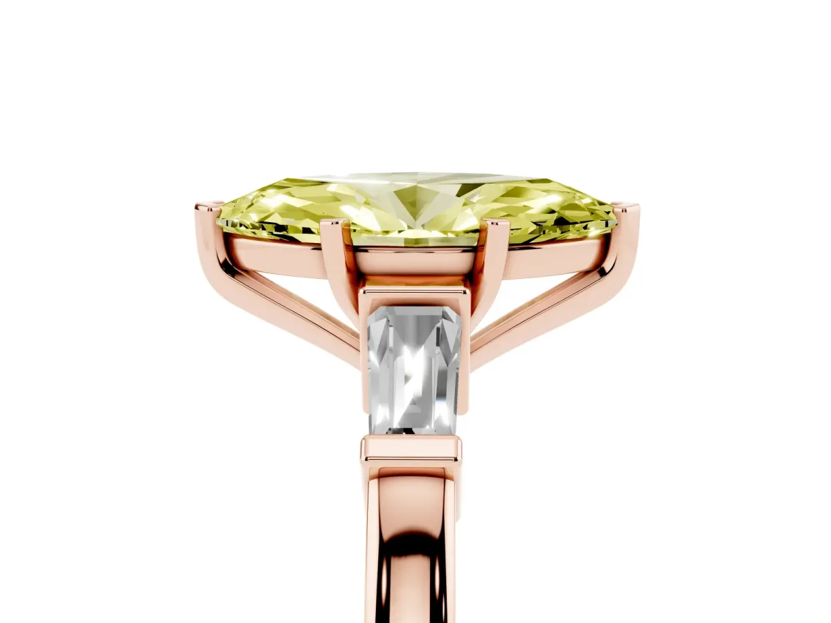 Fancy Yellow Marquise Cut Cut Diamond Solitaire Ring with Tapered Baguette Accents and Four-Prong Setting Rose gold