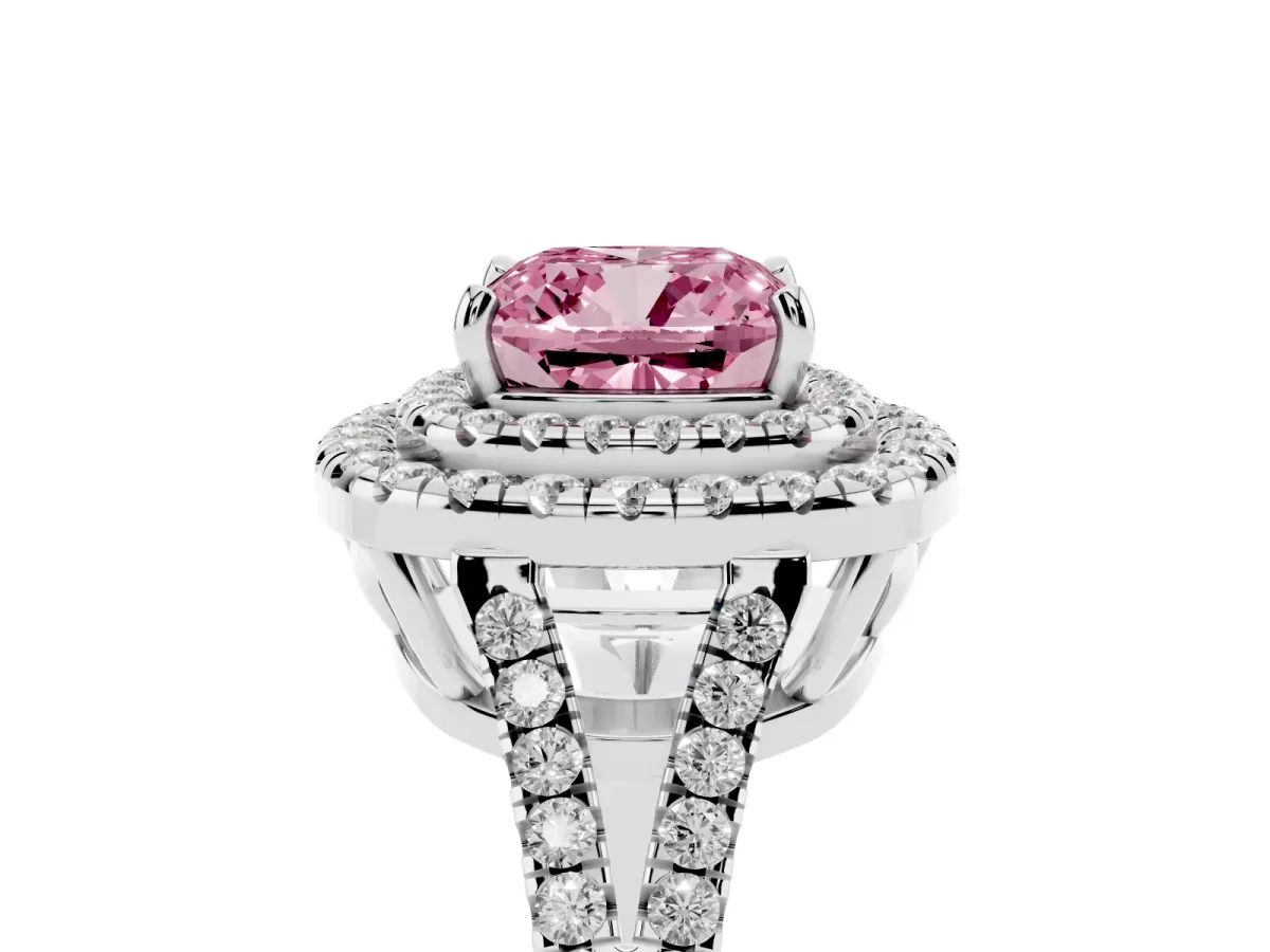 Fancy Pink Cushion Cut Diamond Double Halo Ring with Pavé Band and Prong Setting Silver