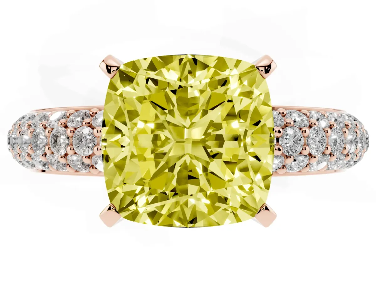 Fancy Yellow Cushion Cut Diamond Solitaire Ring with Prong Setting and Pavé Band Rose gold