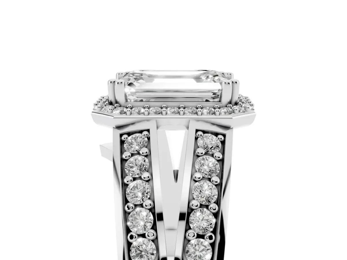 Emerald Cut Diamond Halo Ring with Split Shank Pavé Band and Four-Prong Setting Platinum