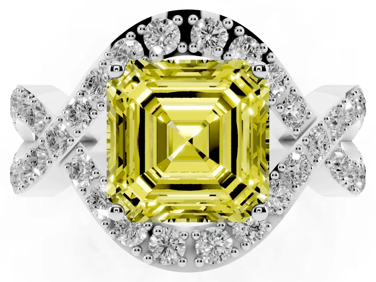 Fancy Yellow Asscher Cut Solitaire Twist Band Pavé Diamond Engagement Ring Silver