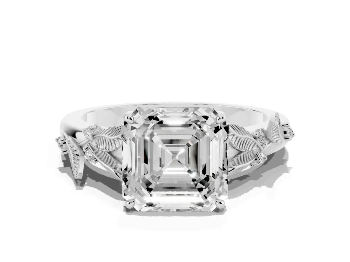 Asscher Cut Diamond Solitaire Ring with Leaf Motif Band and Four-Prong Setting Silver
