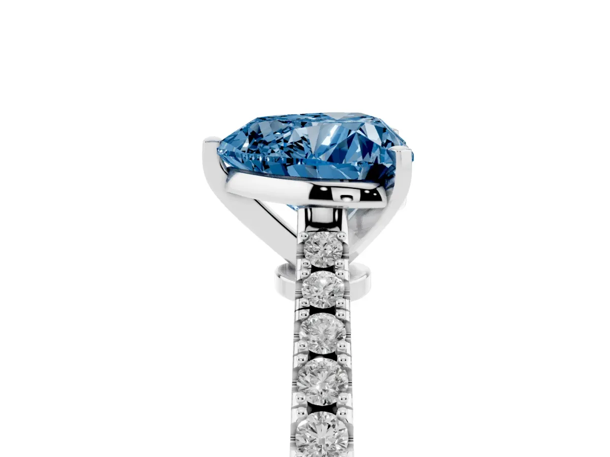 Fancy Blue Heart Cut Cut Solitaire Diamond Engagement Ring with Pave Band and Four-Prong Setting White gold