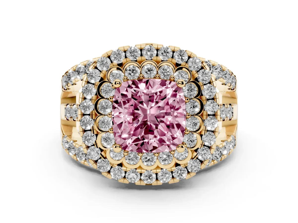 Fancy Pink Cushion Cut Diamond Double Halo Ring with Round Pavé Split Shank and Prong Setting Yellow gold