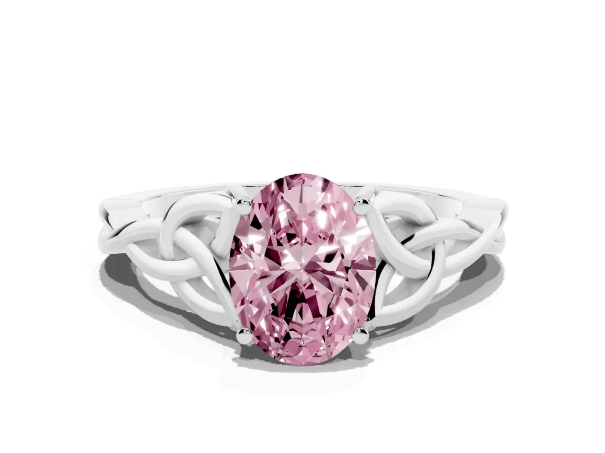 Fancy Pink Oval Cut Diamond Solitaire Engagement Ring with Celtic Knot Band and Four-Prong Setting White gold