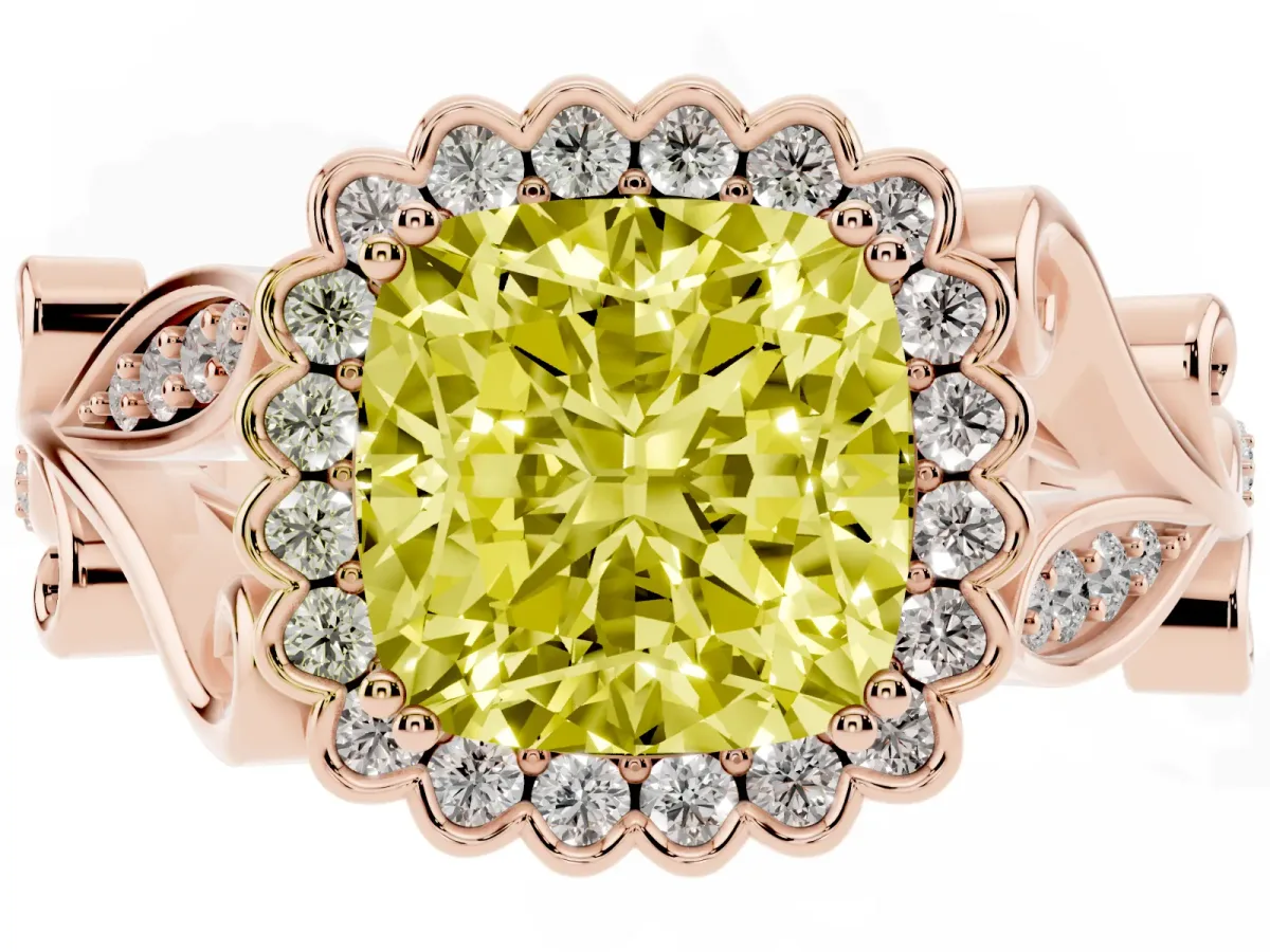 Fancy Yellow Cushion Cut Diamond Halo Ring with Vintage Split Shank and Four-Prong Setting Rose gold