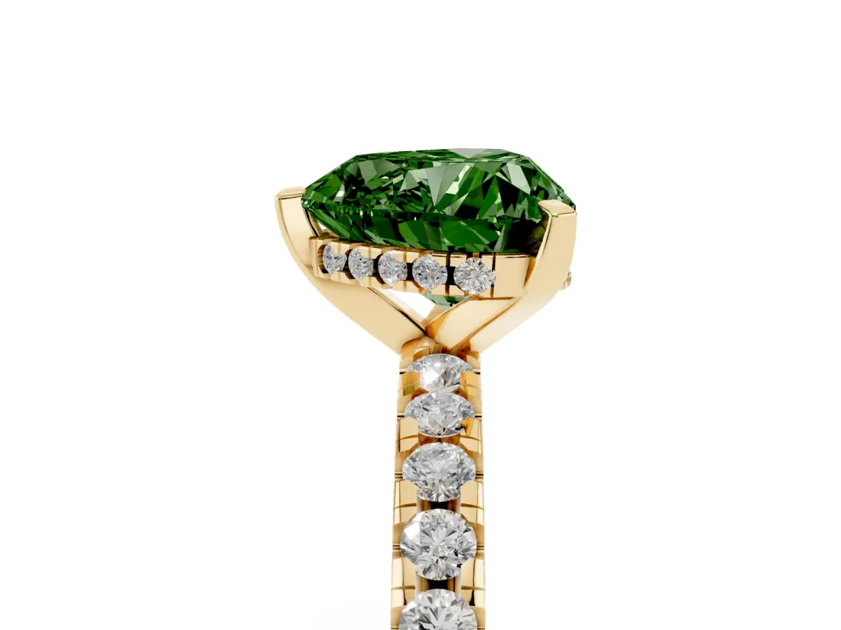 Fancy Green Heart Cut Diamond Solitaire Ring with Round Pavé Band and Four-Prong Setting Yellow gold
