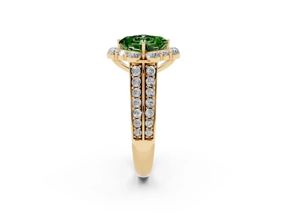 Fancy Green Asscher Cut Halo Diamond Engagement Ring with Split Shank and Prong Setting Yellow gold
