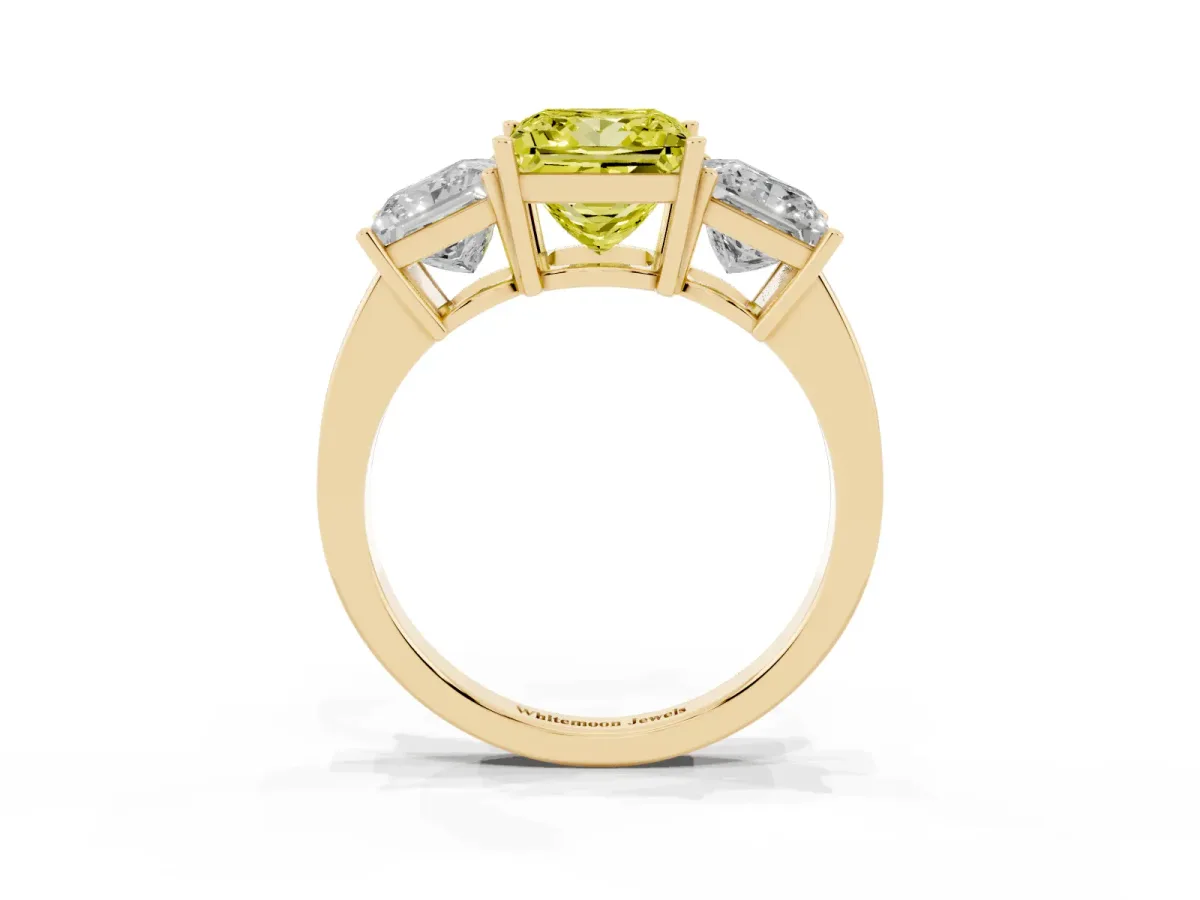 Fancy Yellow Three-Stone Princess Cut Cut Diamond Engagement Ring with Flat Band and Four-Prong Setting Yellow gold