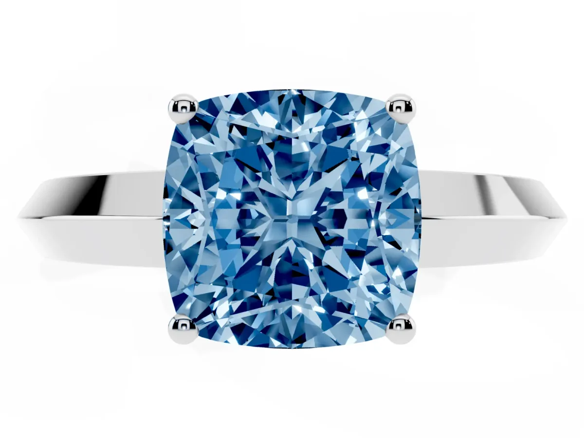 Fancy Blue Cushion Cut Cut Solitaire Engagement Ring with Flat Band and Four-Prong Setting Silver