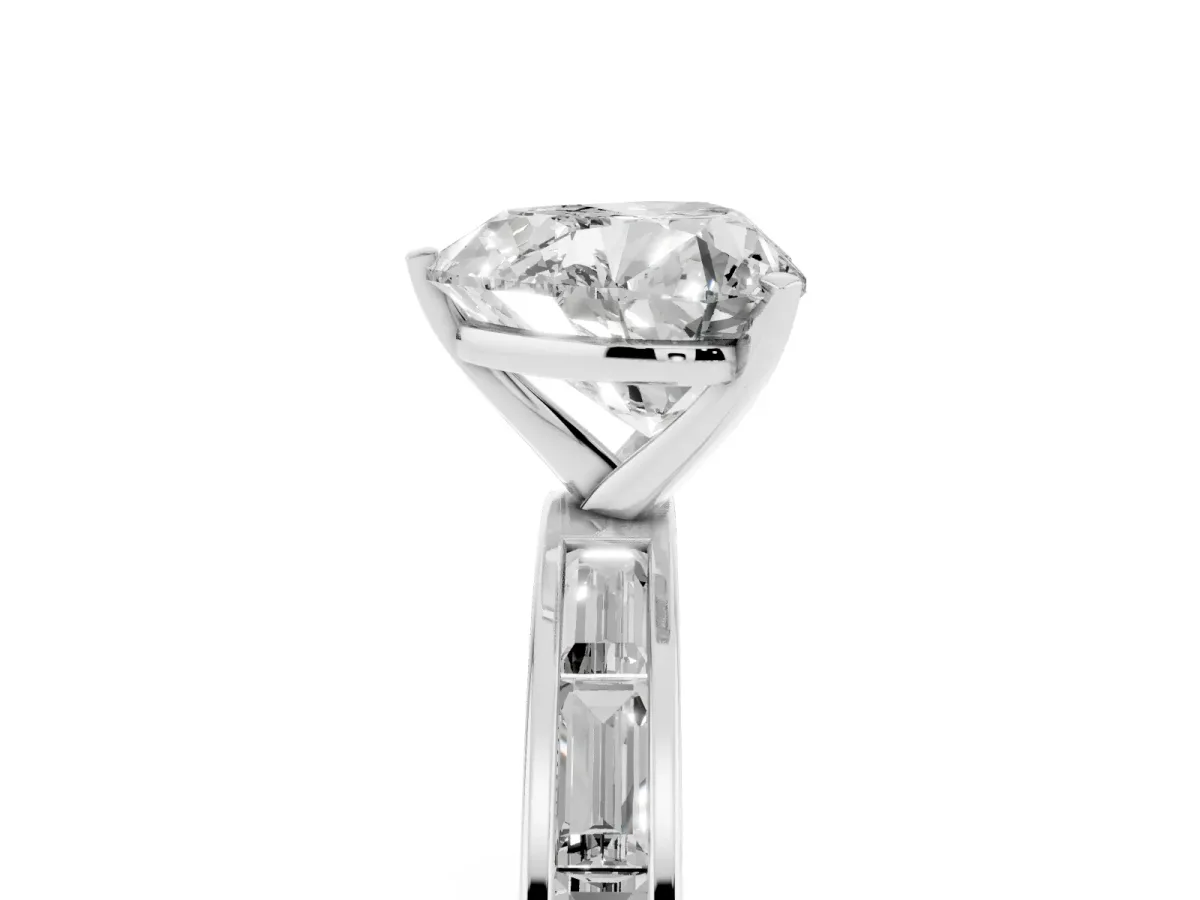 Heart Cut Solitaire Diamond Ring with Channel-Set Baguette Band and Four-Prong Setting Platinum