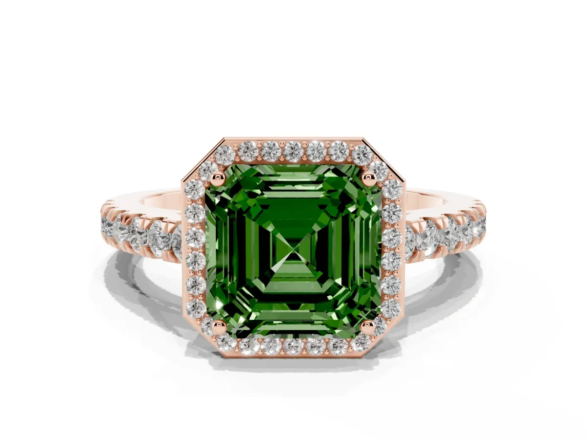 Fancy Green Asscher Cut Cut Halo Diamond Engagement Ring with Pave Band and Four-Prong Setting Rose gold