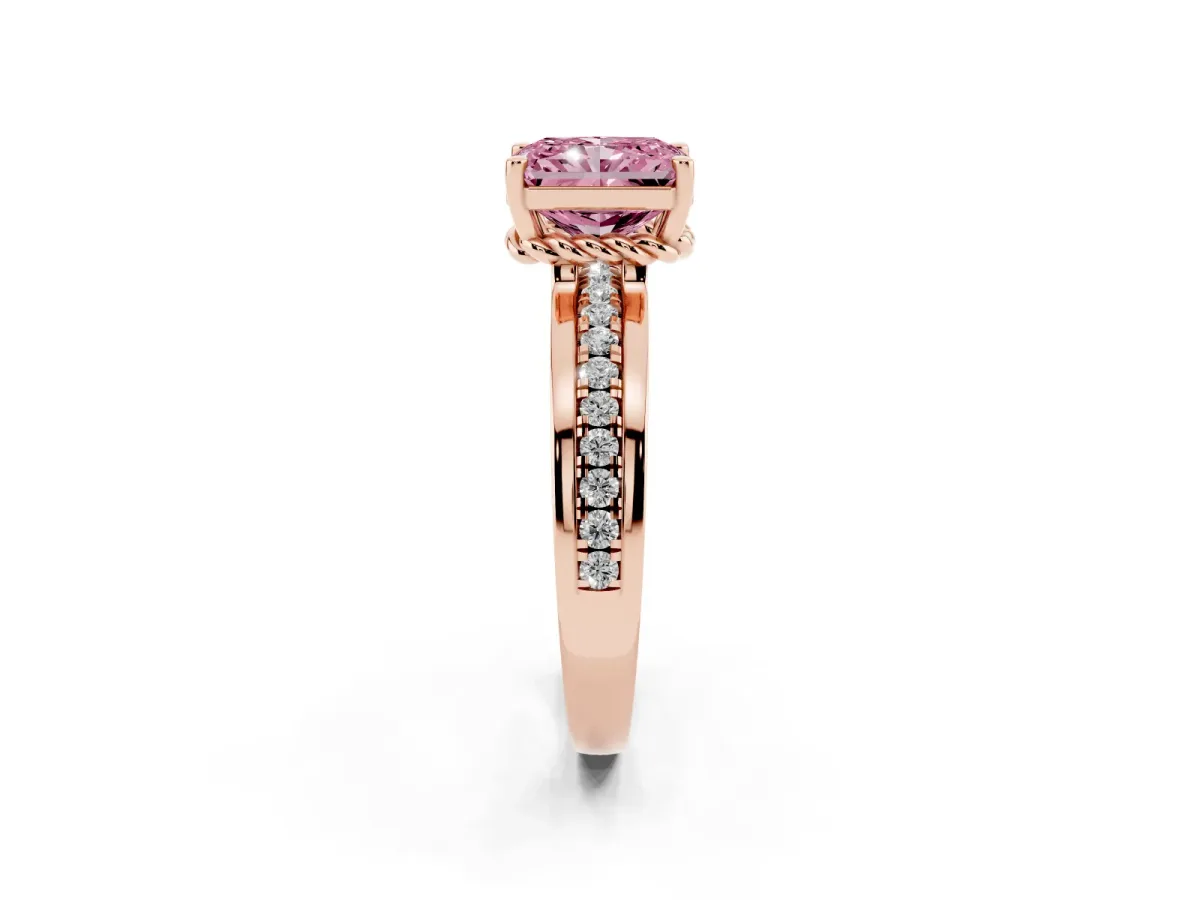 Fancy Pink Radiant Cut Solitaire Diamond Ring with Channel Set Band and Six-Prong Setting Rose gold