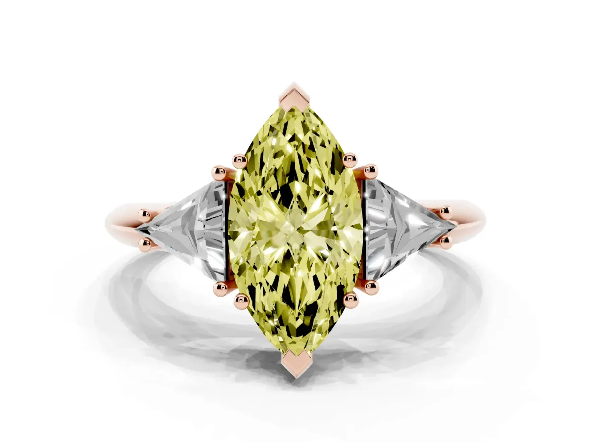 Fancy Yellow Three-Stone Marquise Cut Diamond Engagement Ring with Trillion Side Stones and Prong Setting Rose gold