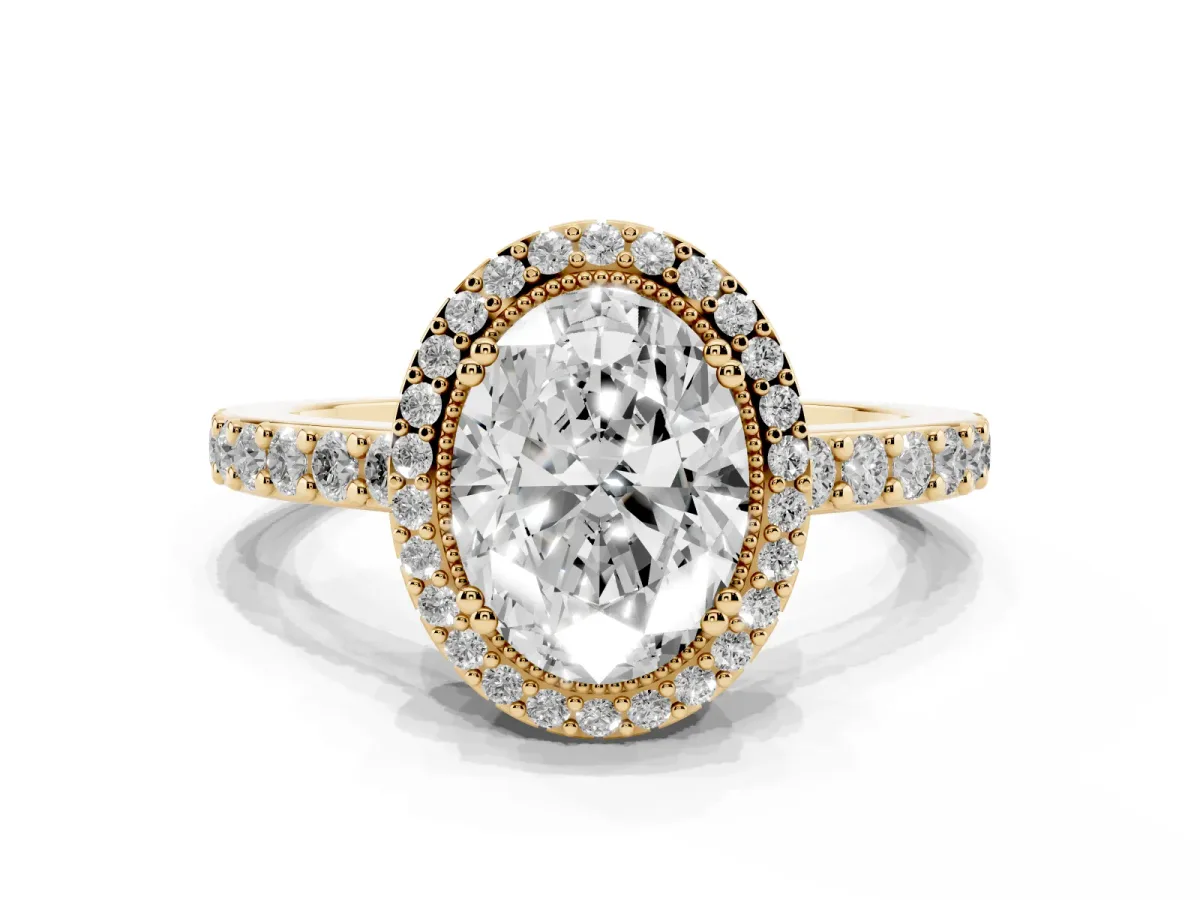 Oval Cut Cut Diamond Halo Engagement Ring with Milgrain Detail and Pavé Band Yellow gold