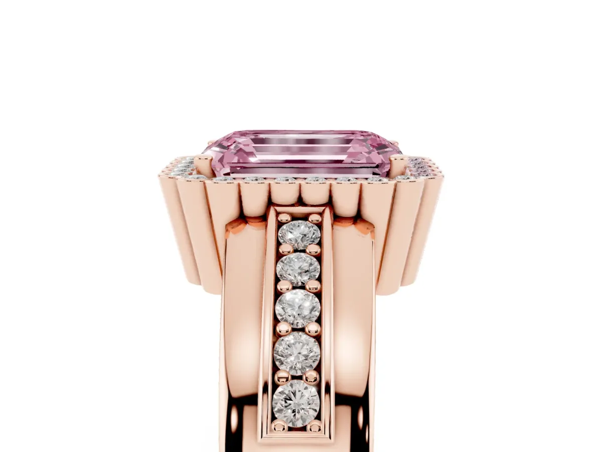 Fancy Pink Emerald Cut Cut Halo Pave Band Four-Prong Ring Rose gold