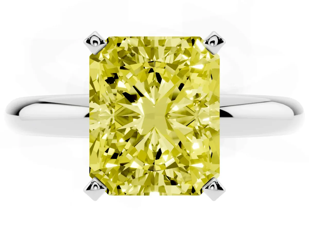 Fancy Yellow Radiant Cut Diamond Solitaire Engagement Ring with Round Band and Four-Prong Setting Platinum