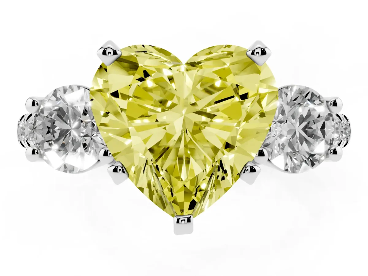 Fancy Yellow Three-Stone Heart Cut Diamond Pavé Band with Four-Prong Setting Silver