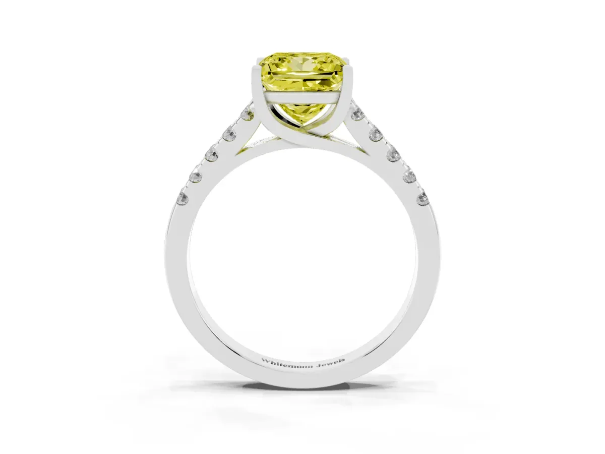 Fancy Yellow Princess Cut Diamond Pavé Band Solitaire Ring with Prong Setting Silver