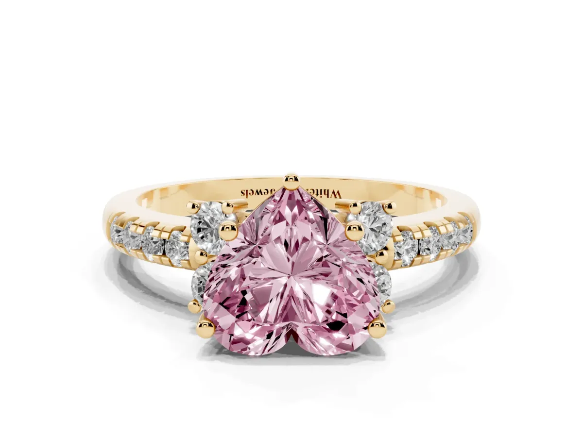Fancy Pink Heart Cut Diamond Three-Stone Pave Band with Four-Prong Setting Yellow gold
