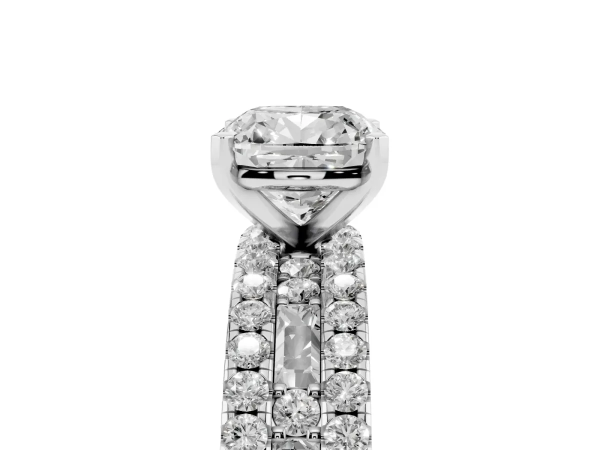 Cushion Cut Diamond Solitaire Ring with Pavé and Channel Set Band Silver