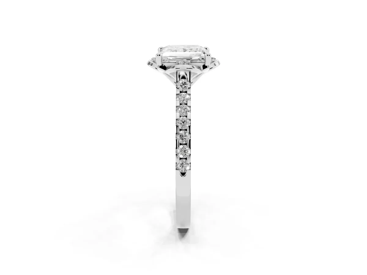 Princess Cut Diamond Ring with Pavé Band and Floral Prong Setting Silver