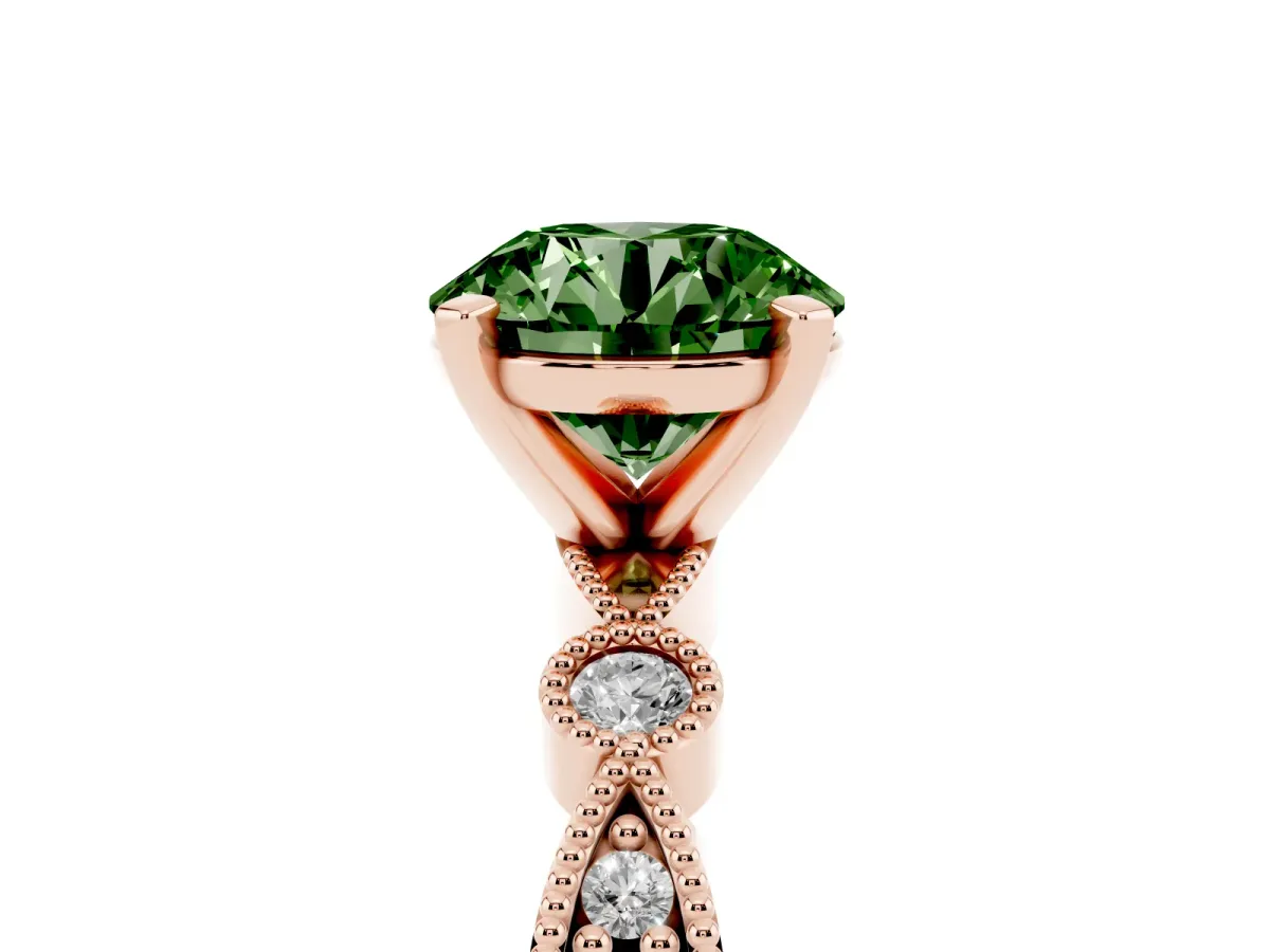Fancy Green Round Cut Milgrain Bezel Diamond Engagement Ring with Solitaire Prong Setting Rose gold