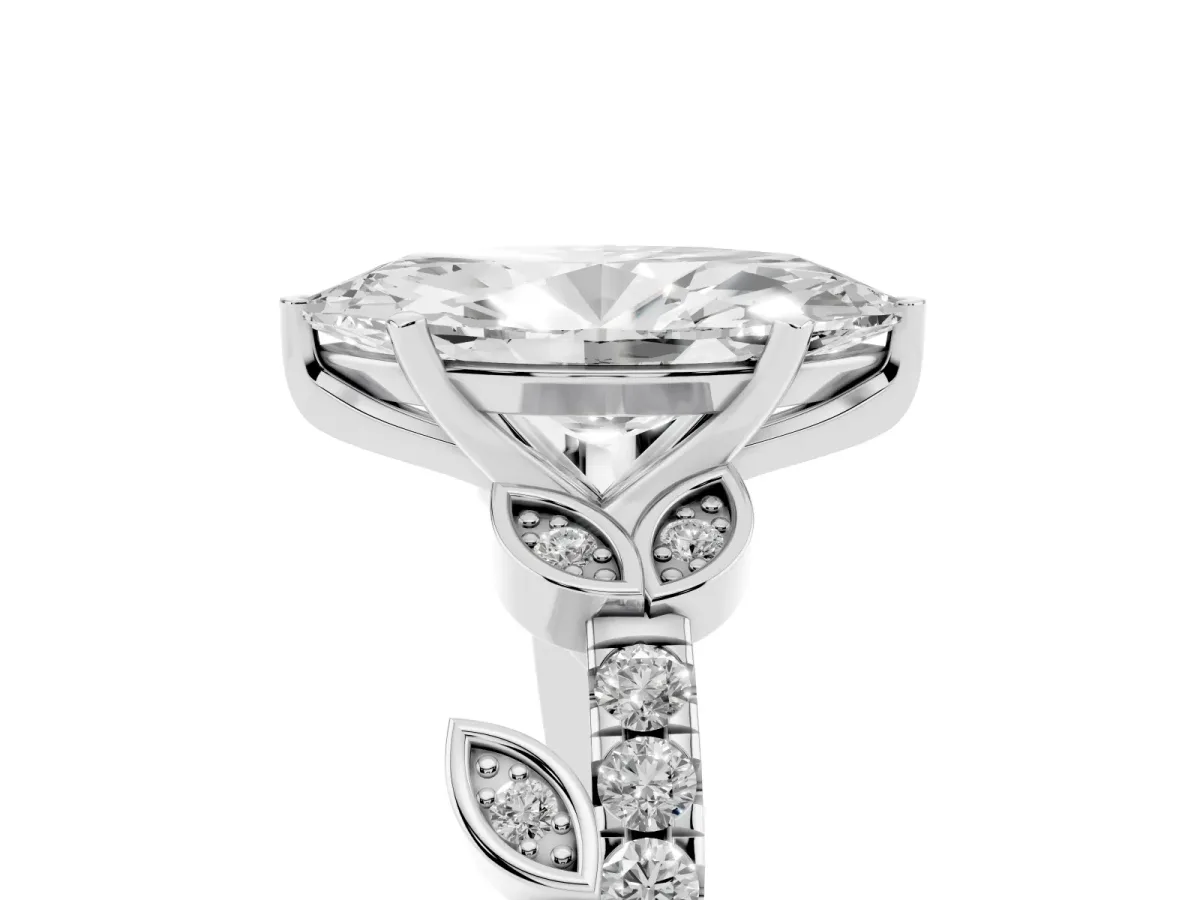 Marquise Cut Solitaire Leaf-Inspired Diamond Ring with Pavé Band and Four-Prong Setting Silver