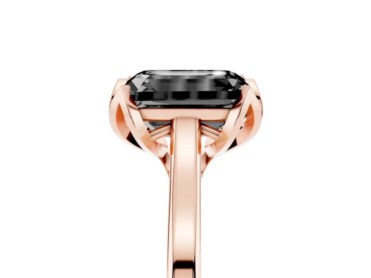 Fancy Black Emerald Cut Diamond Solitaire Ring with Flower Prong Setting and Classic Band Rose gold