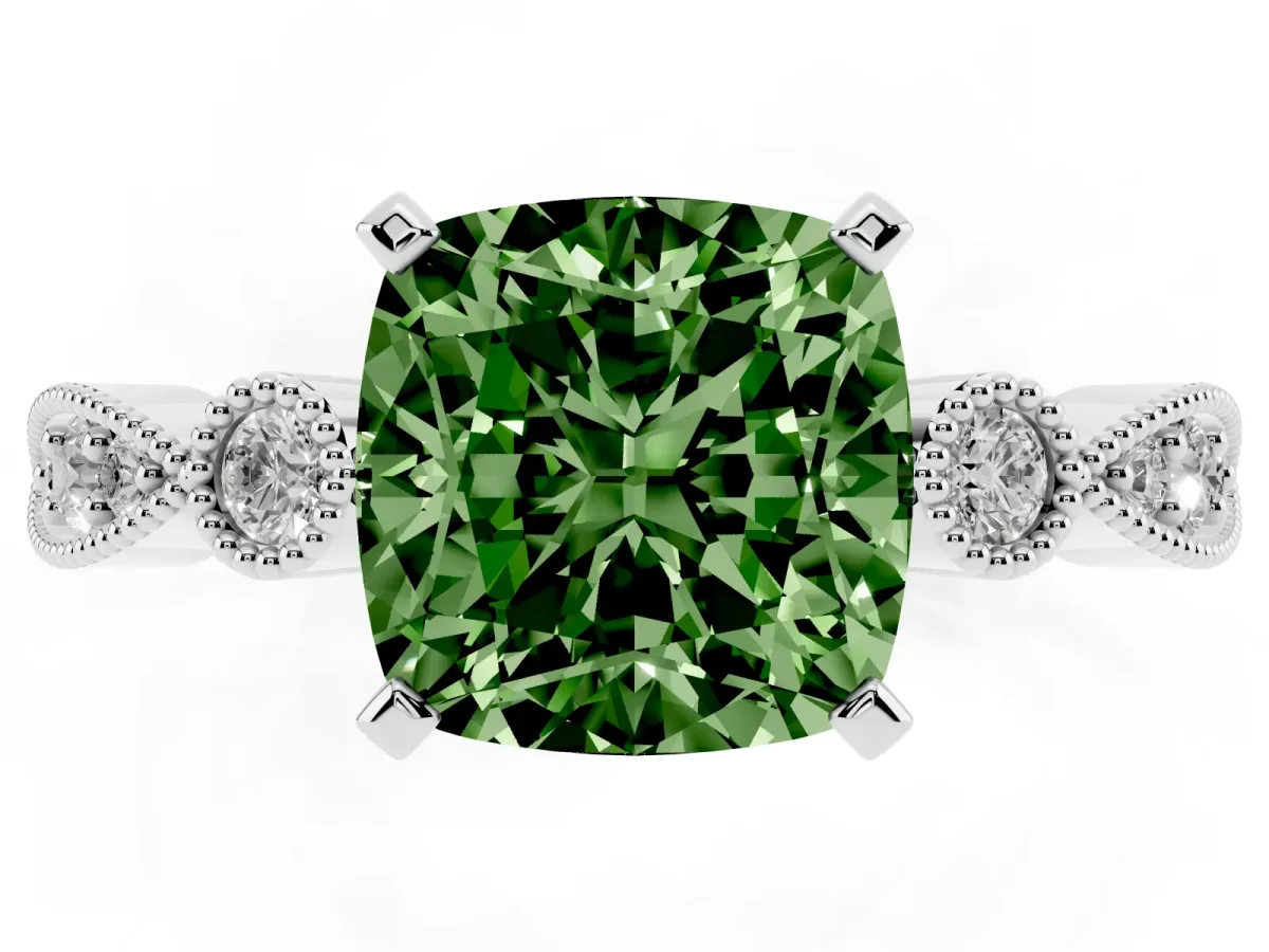 Fancy Green Cushion Cut Milgrain Bezel Diamond Engagement Ring with Solitaire Prong Setting Silver