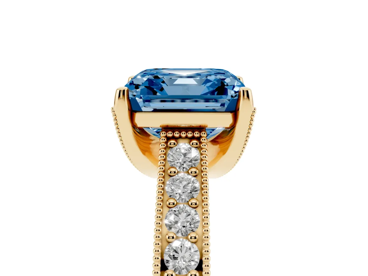 Fancy Blue Asscher Cut Cut Diamond Solitaire Ring with Milgrain Pave Band and Four Prong Setting Yellow gold