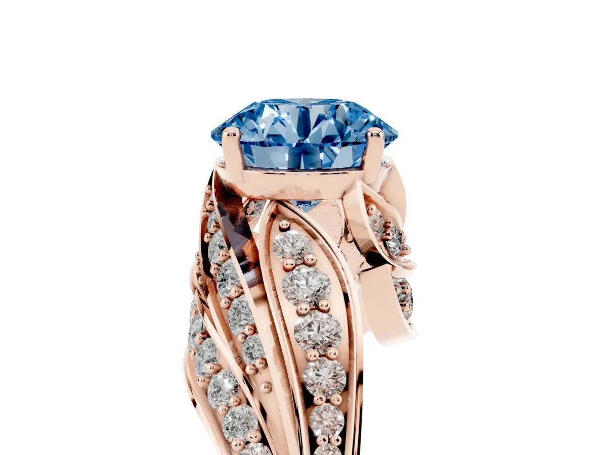 Fancy Blue Round Cut Diamond Solitaire Ring with Prong Setting and Twisted Pavé Band Rose gold