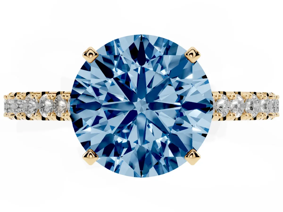 Fancy Blue Round Cut Cut Solitaire Diamond Engagement Ring with Pave Band and Four-Prong Setting Yellow gold