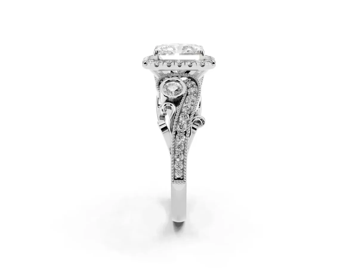 Radiant Cut Halo Diamond Ring with Milgrain and Bezel Accents on a Split Shank Band Platinum