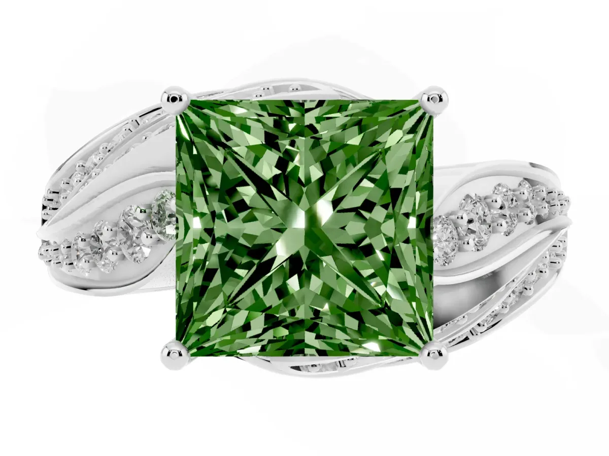 Fancy Green Princess Cut Diamond Solitaire Ring with Prong Setting and Twisted Pavé Band Silver