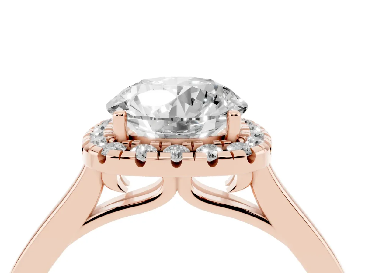 Round Cut Halo Round Diamond Solitaire Ring with Pavé Band and Four-Prong Setting Rose gold