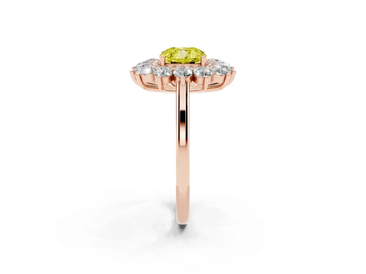 Fancy Yellow Cushion Cut Diamond Floral Double Halo Engagement Ring with Prong Setting Rose gold