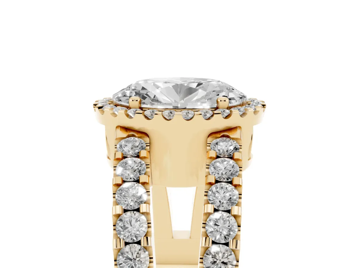 Oval Cut Cut Halo Split Shank Diamond Ring with Four-Prong Setting Yellow gold
