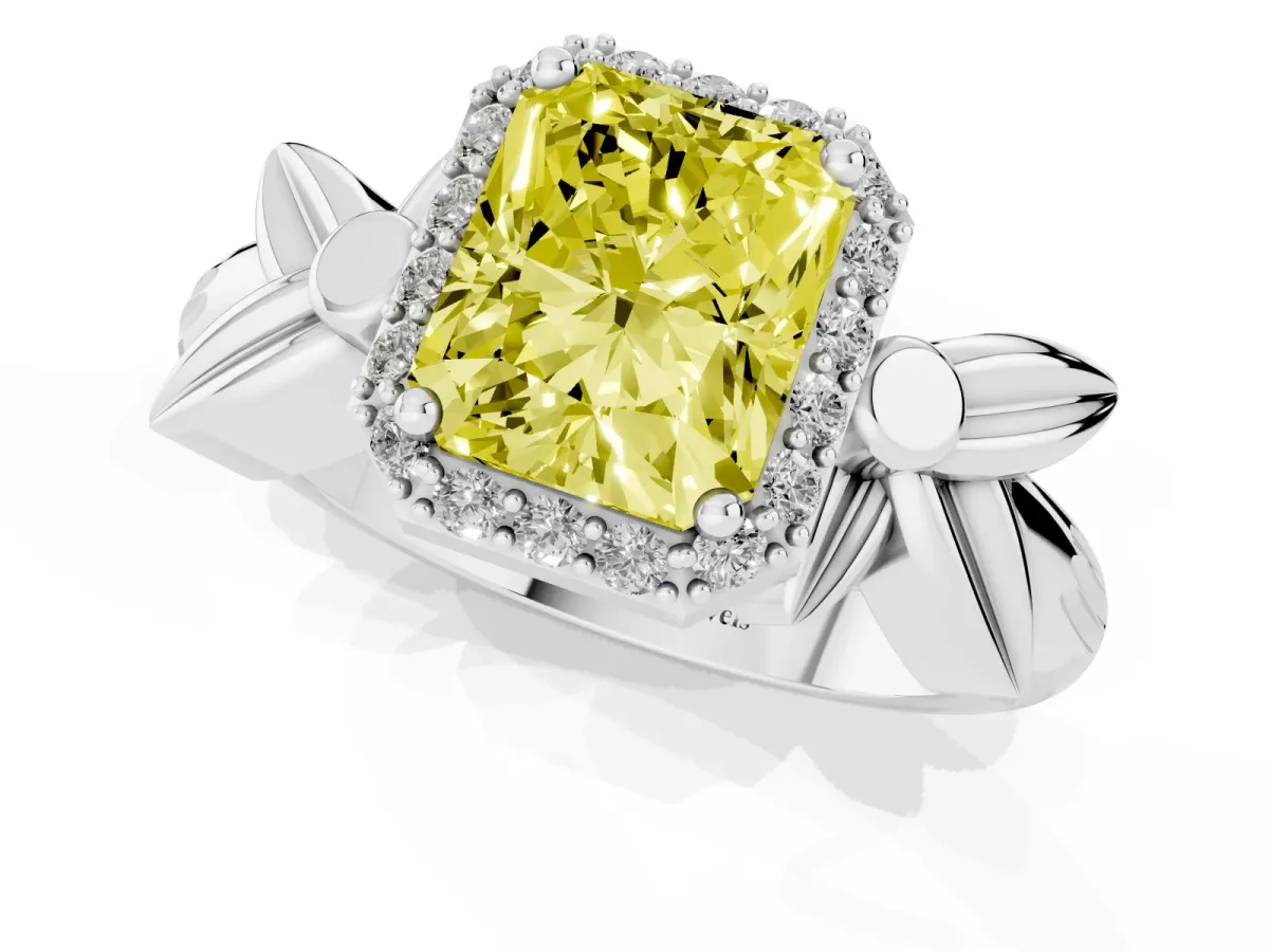 Fancy Yellow Radiant Cut Halo Diamond Floral Band with Four-Prong Setting Platinum