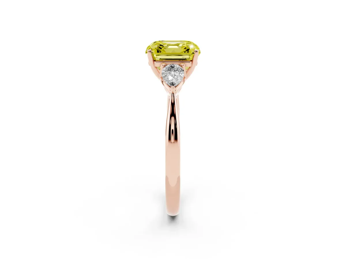 Fancy Yellow Asscher Cut Diamond Three-Stone Ring with Pear Side Stones and Prong Setting Rose gold