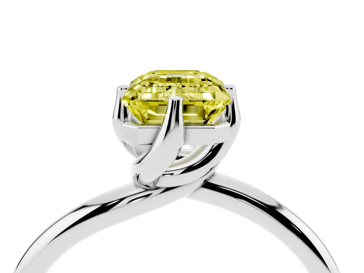 Fancy Yellow Emerald Cut Diamond Solitaire Engagement Ring with Four-Prong Setting and Classic Band Silver