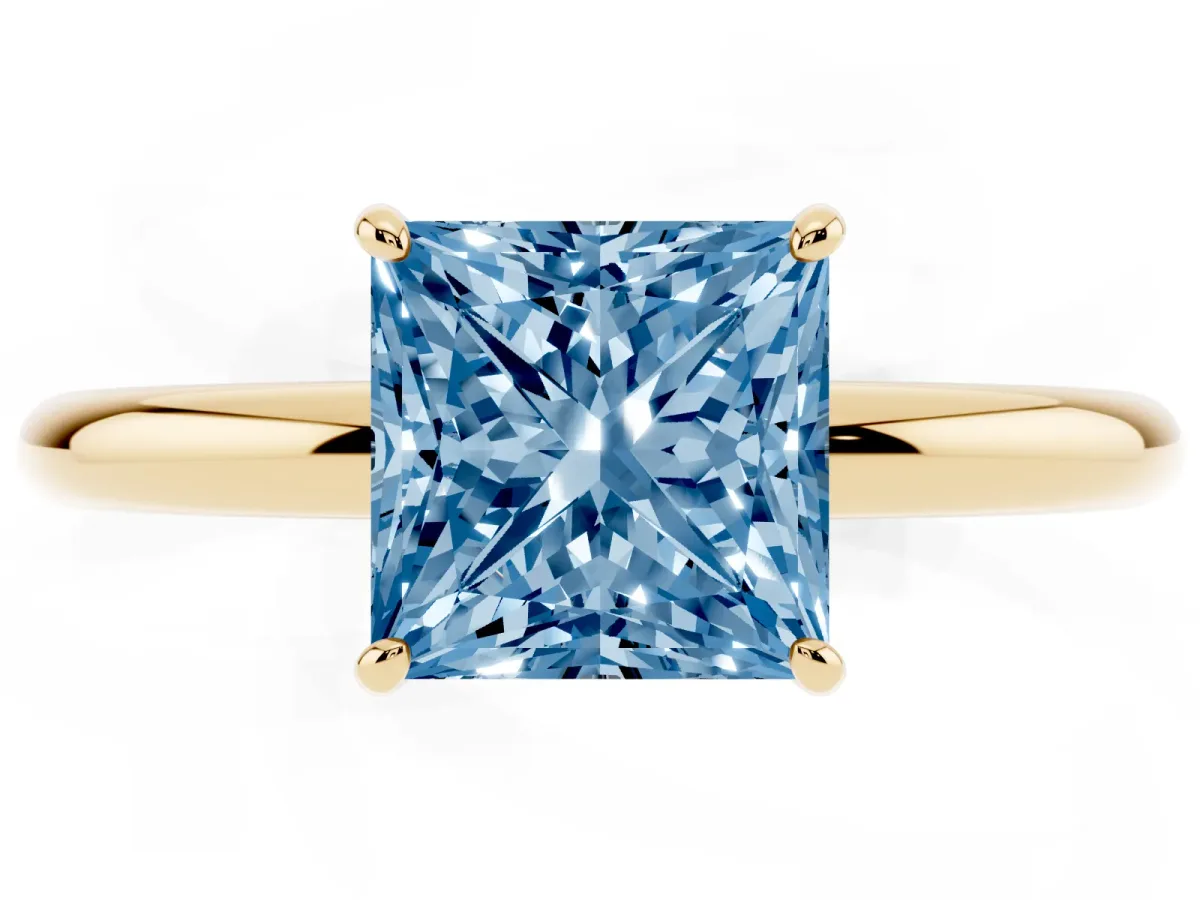 Fancy Blue Princess Cut Solitaire Diamond Ring with Four-Prong Setting on a Plain Band Yellow gold
