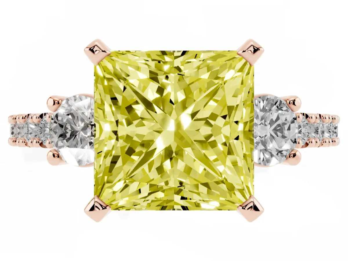 Fancy Yellow Princess Cut Three-Stone Diamond Pavé Band with Prong Setting Rose gold