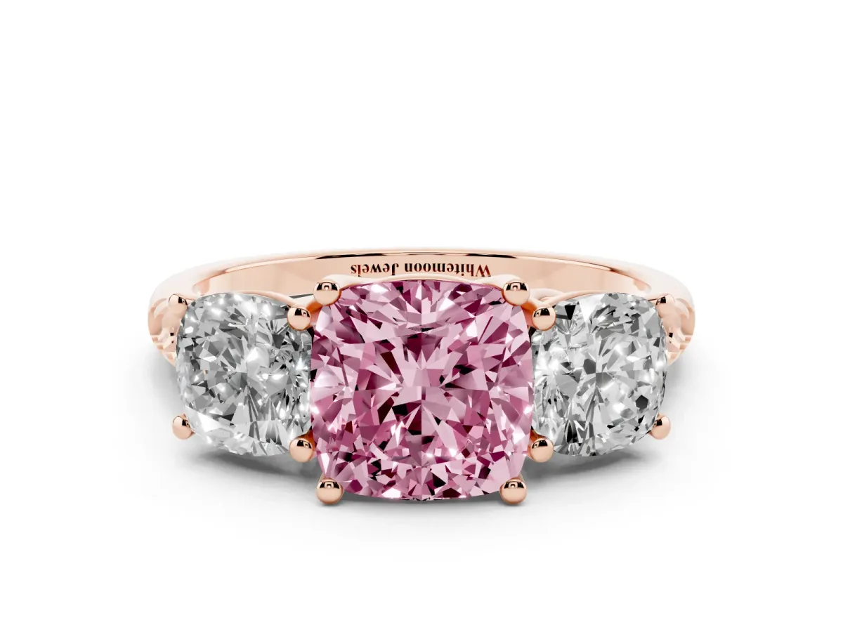 Fancy Pink Three-Stone Cushion Cut Diamond Ring with Round Pavé Band and Prong Setting Rose gold