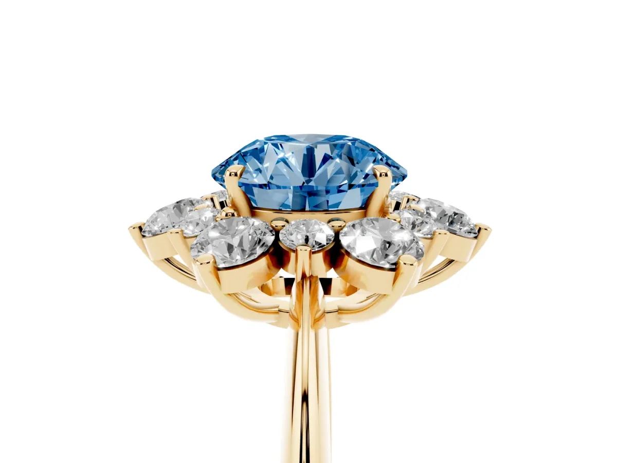 Fancy Blue Round Cut Diamond Cluster Halo Ring with Solitaire Band and Four-Prong Setting Yellow gold