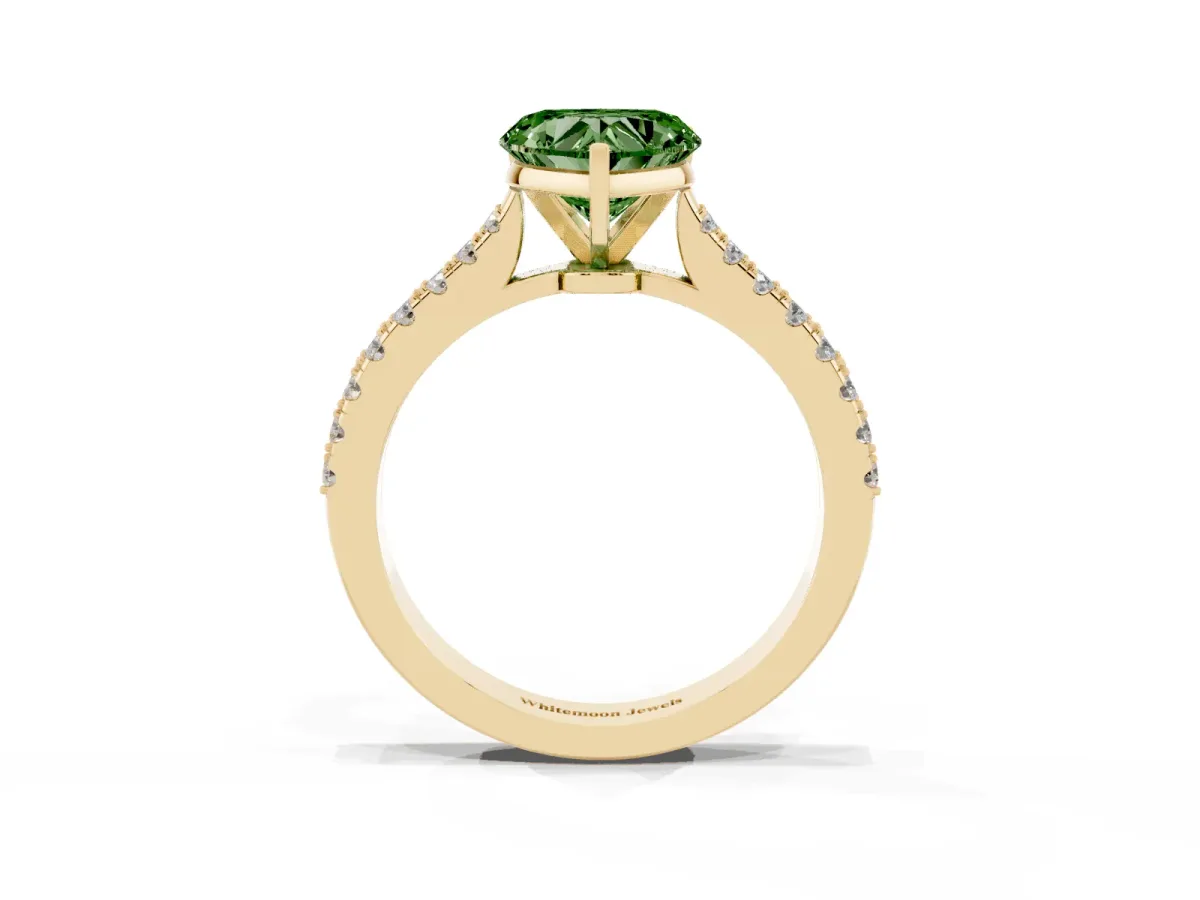 Fancy Green Heart Cut Cut Solitaire Diamond Engagement Ring with Pave Band and Four-Prong Setting Yellow gold